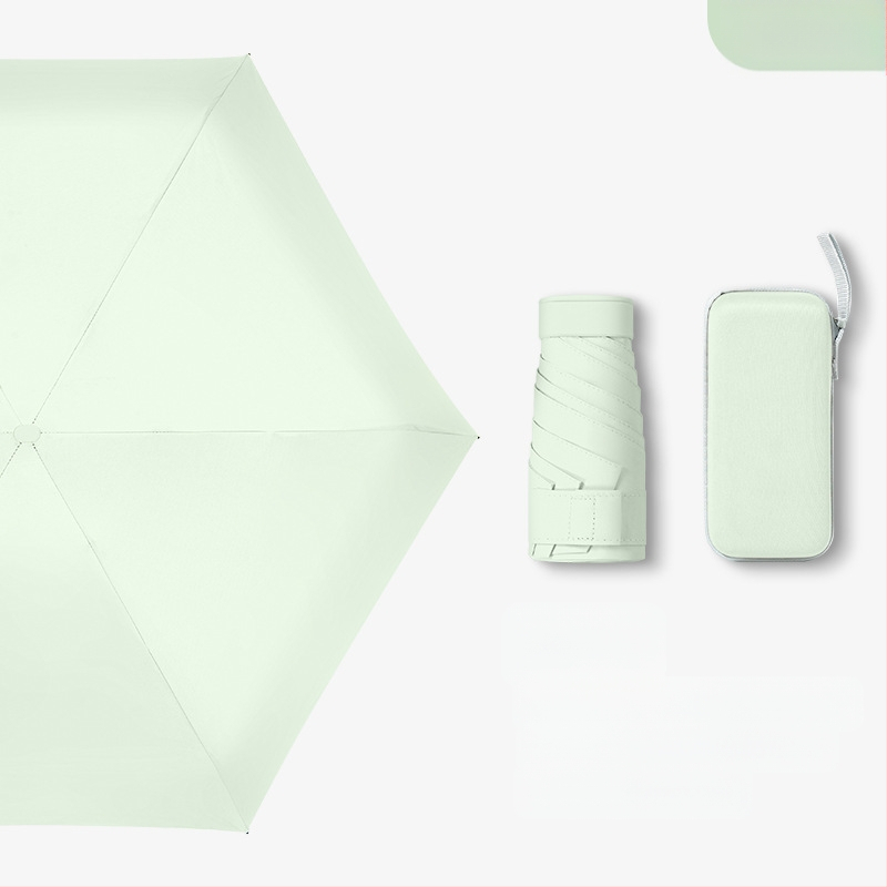 Kapsulinio tipo skėtis moterims, 6 rėmų, 210T audinys, UPF >40, rankinis atidarymas‑uždarymas, svoris 220 g