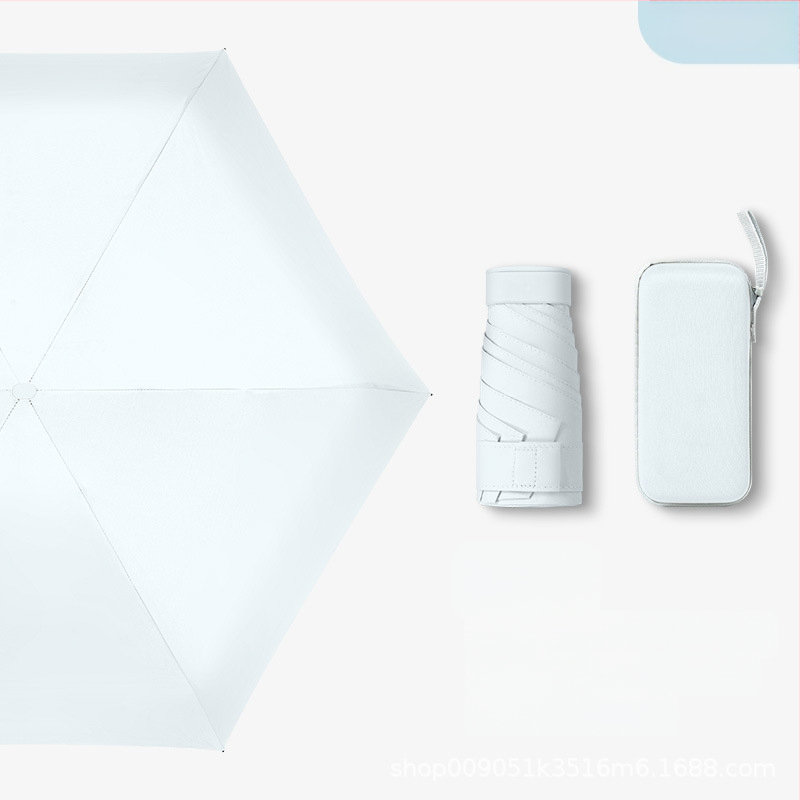 Kapsulinio tipo skėtis moterims, 6 rėmų, 210T audinys, UPF >40, rankinis atidarymas‑uždarymas, svoris 220 g