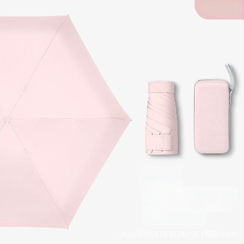 Kapsulinio tipo skėtis moterims, 6 rėmų, 210T audinys, UPF >40, rankinis atidarymas‑uždarymas, svoris 220 g