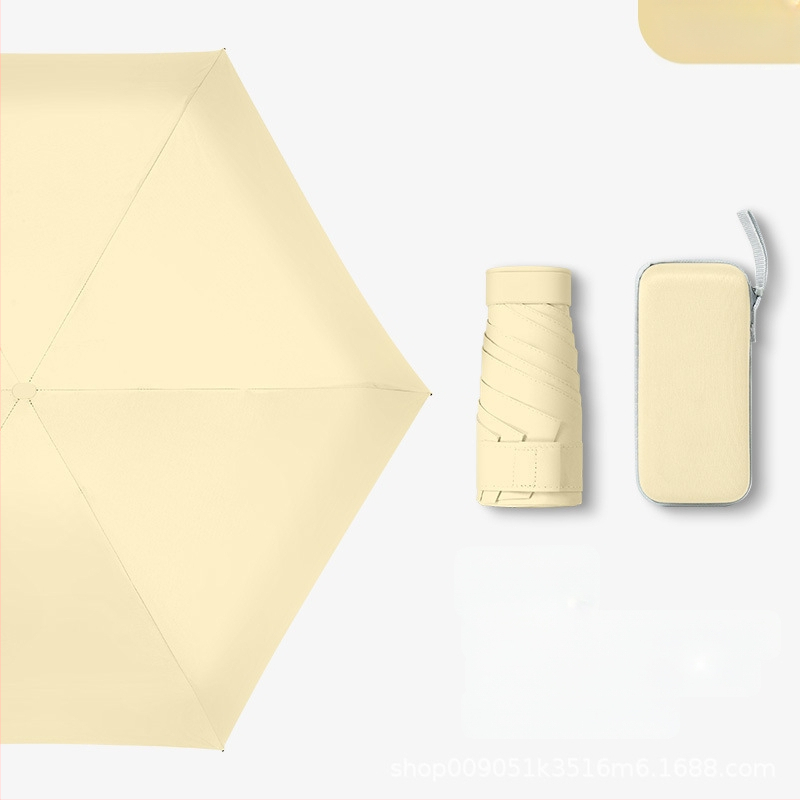 Kapsulinio tipo skėtis moterims, 6 rėmų, 210T audinys, UPF >40, rankinis atidarymas‑uždarymas, svoris 220 g