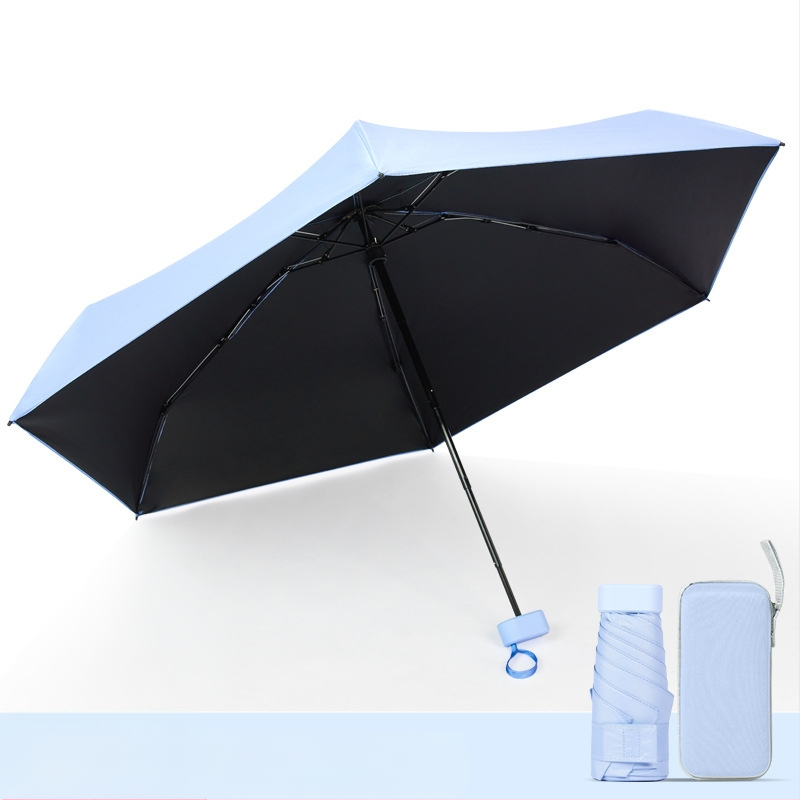 Kapsulinio tipo skėtis moterims, 6 rėmų, 210T audinys, UPF >40, rankinis atidarymas‑uždarymas, svoris 220 g