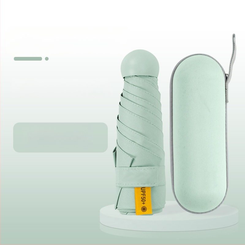 Kapsulinio tipo skėtis moterims, 6 rėmų, 210T audinys, UPF >40, rankinis atidarymas‑uždarymas, svoris 220 g