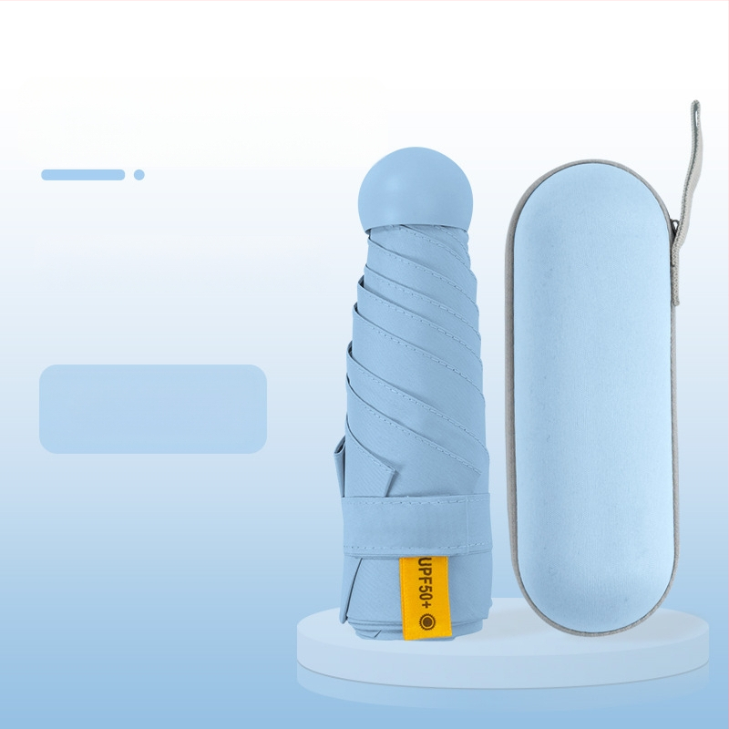 Kapsulinio tipo skėtis moterims, 6 rėmų, 210T audinys, UPF >40, rankinis atidarymas‑uždarymas, svoris 220 g