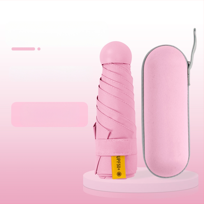 Kapsulinio tipo skėtis moterims, 6 rėmų, 210T audinys, UPF >40, rankinis atidarymas‑uždarymas, svoris 220 g