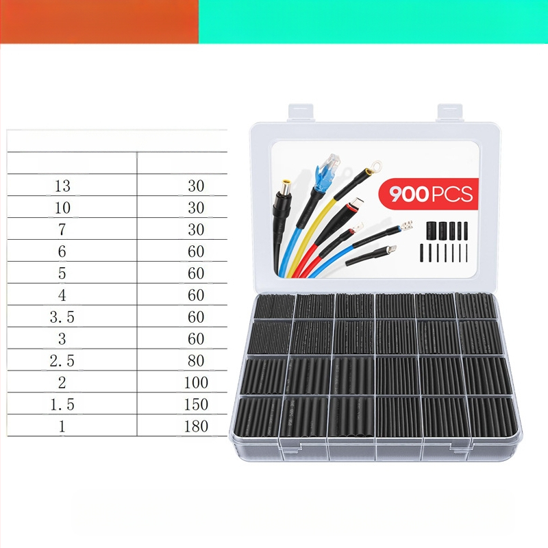 Heat shrink tubing комплект, 900 бр., 2:1 свиване, огнеупорен полиеолефин VM-1, ROHS сертифициран