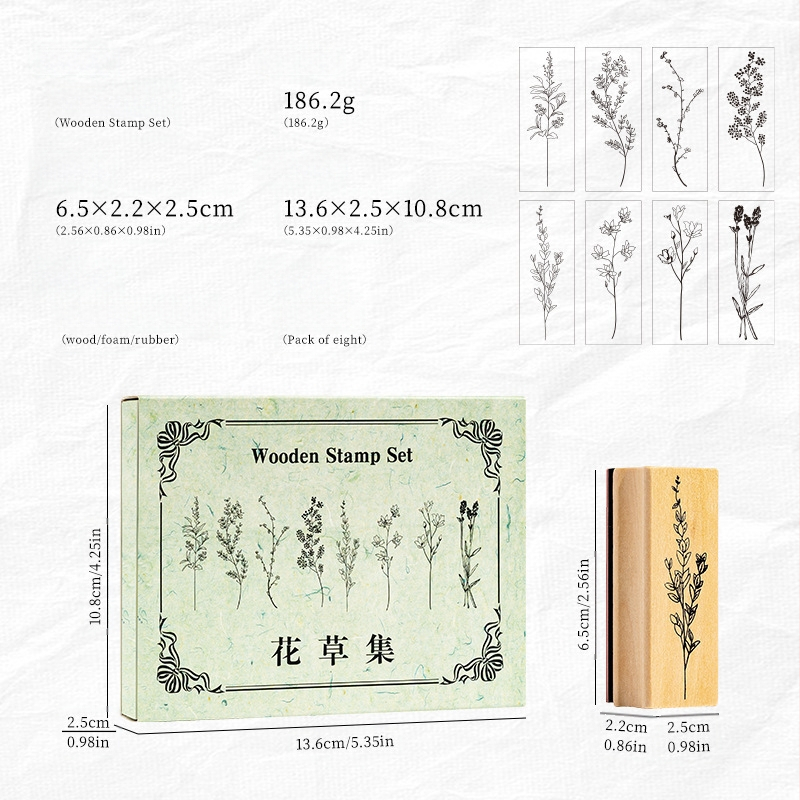 Set drvenih pečata u drvenoj kutiji za cvijeće i biljke – moderni minimalistički stil, djelomično ručna i djelomično mehanička izrada
