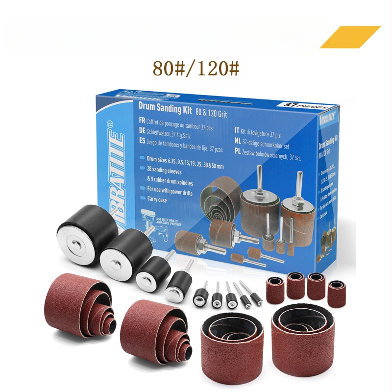 37 dalių šlifavimo žiedų ir volų komplektas medienos apdirbimui — aliuminio oksido šlifavimo galvutės ir poliravimo ratukai