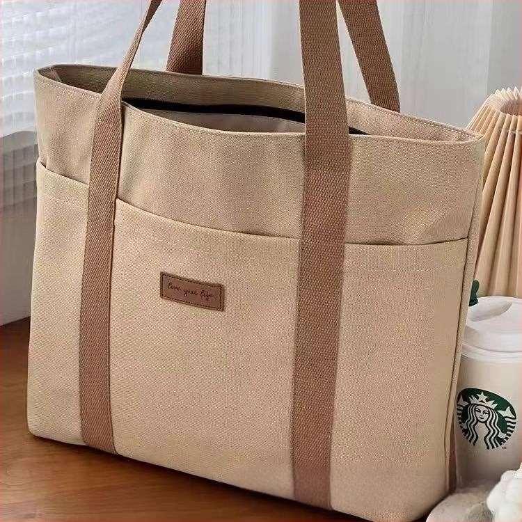 Чанта Tote от платно в стил Urban Simplicity, вертикална квадратна форма, цип, вътрешен джоб за мобилен телефон, подплата от полиестер-памук, външен джоб