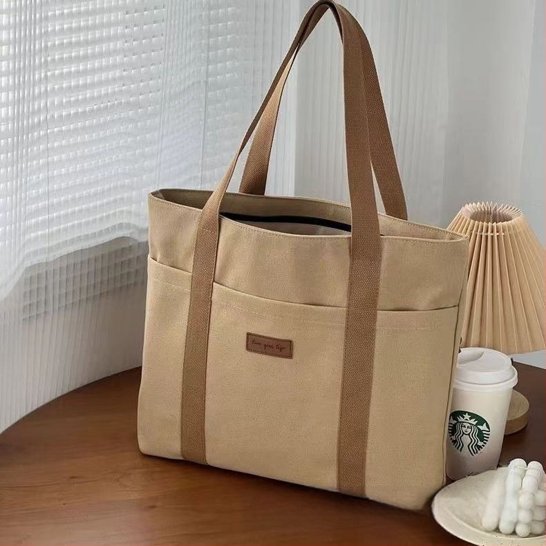 Чанта Tote от платно в стил Urban Simplicity, вертикална квадратна форма, цип, вътрешен джоб за мобилен телефон, подплата от полиестер-памук, външен джоб