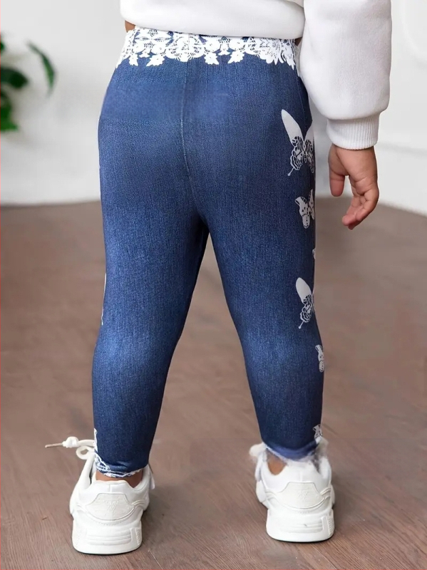 Dječje pletene legice s motivom leptira i čipkastim detaljima u denimu stilu, 100% poliester, srednji pojas, proljeće–jesen