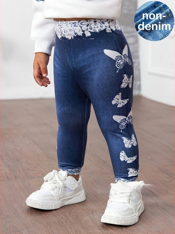 Dječje pletene legice s motivom leptira i čipkastim detaljima u denimu stilu, 100% poliester, srednji pojas, proljeće–jesen
