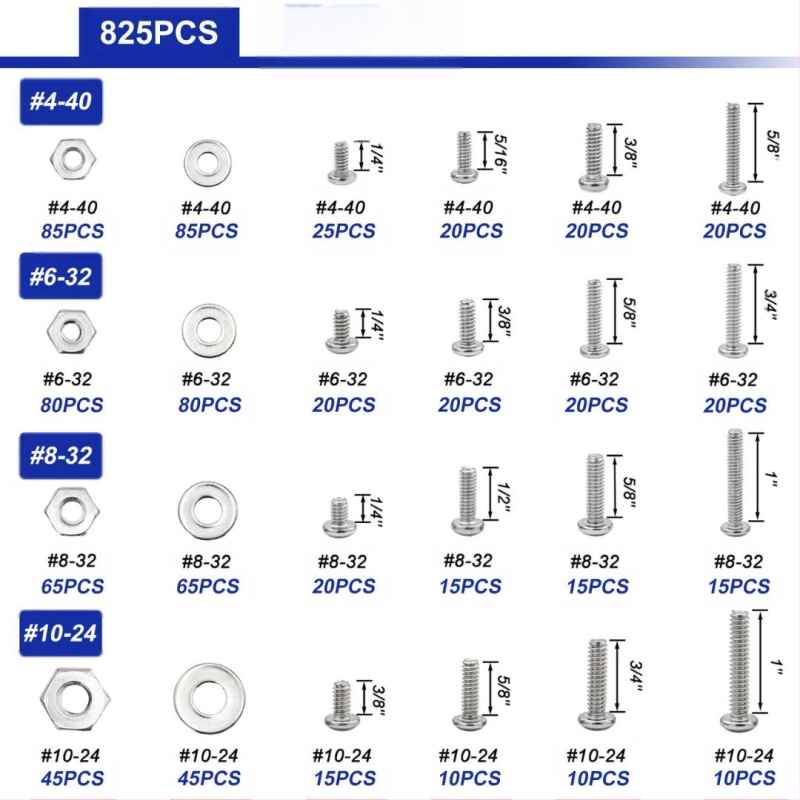 Комплект болтове: кръст Phillips и плоска глава, 1575 бр., 304 неръждаема стомана, GB стандарт, A2-70