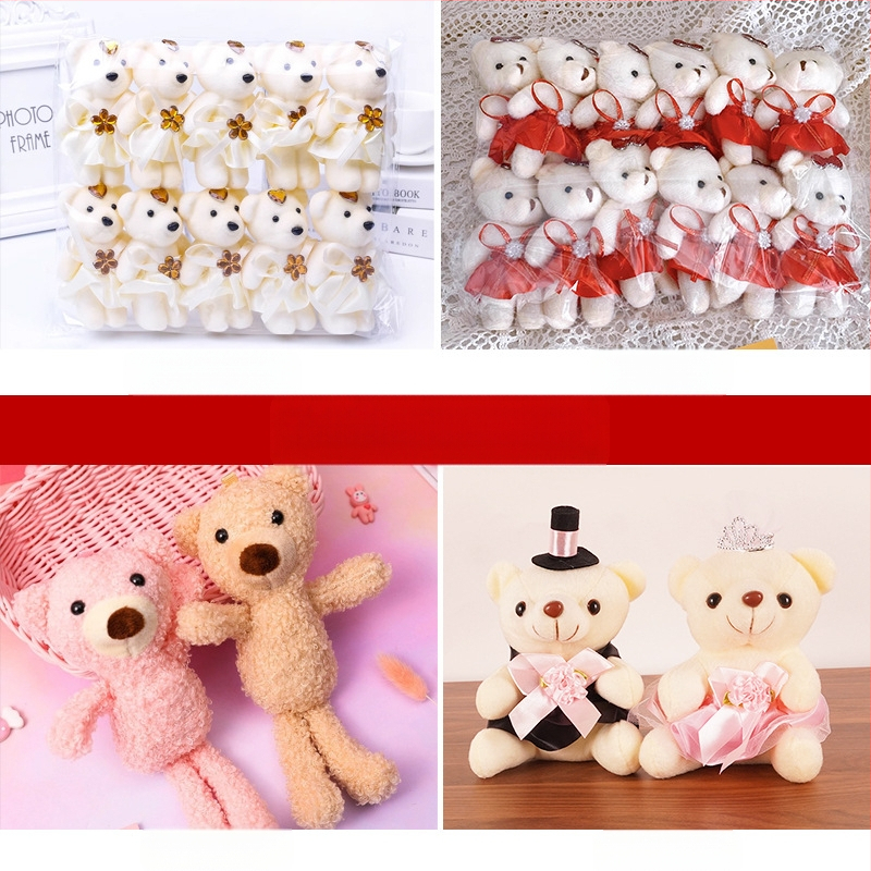 Pliušinių meškiukų rinkinys: ledų skonio meškiukas, prisipažinęs žvaigždės meškiukas, velūrinis teddy, vestuvinio automobilio meškiukas, animacinis puokštė lėlė — medžiaga: audinys, apdorojimas: krašto siuvimas, klaidos: 1–2