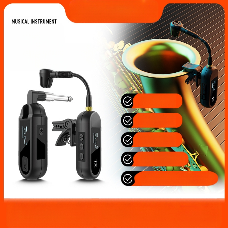 Ασύρματο μικρόφωνο κλιπ για σαξόφωνο και μουσικά όργανα – Μοντέλο M-03, Bluetooth 5.0, μπαταρία 1000–1200 mAh, διάρκεια 8–12 ωρών, καρδιοειδής λήψη