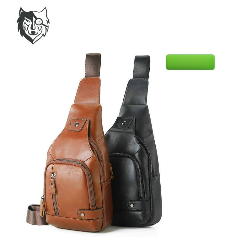 Z2010 Vyrų krūtinės krepšys — tikra oda (viršutinio sluoksnio karvės odos), užsegimas užtrauktuku, vidinės kišenės su užtrauktukais ir kišenė telefonui, medvilnės įdaila