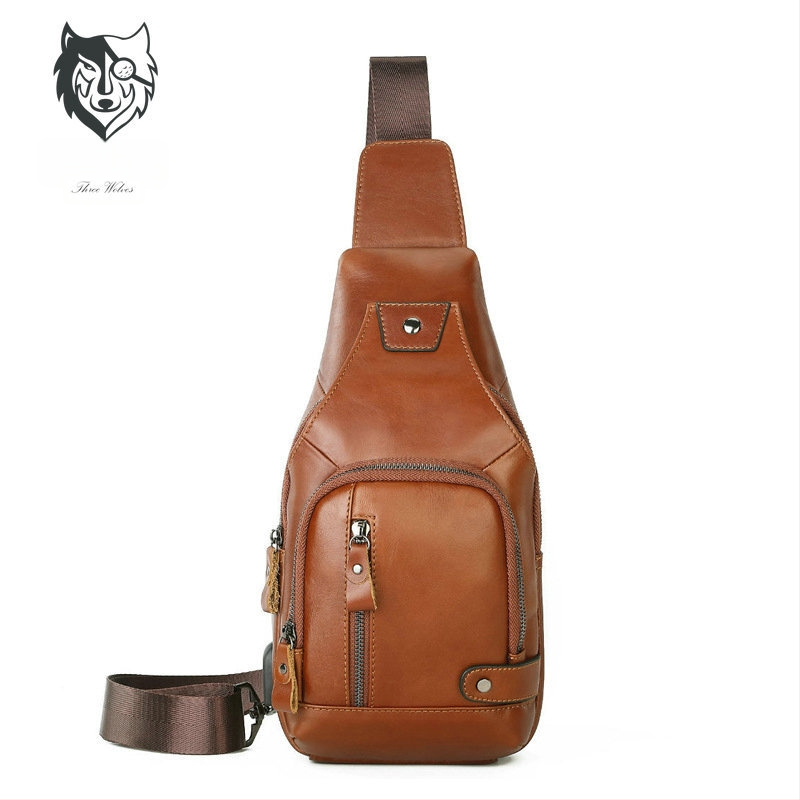 Z2010 Vyrų krūtinės krepšys — tikra oda (viršutinio sluoksnio karvės odos), užsegimas užtrauktuku, vidinės kišenės su užtrauktukais ir kišenė telefonui, medvilnės įdaila