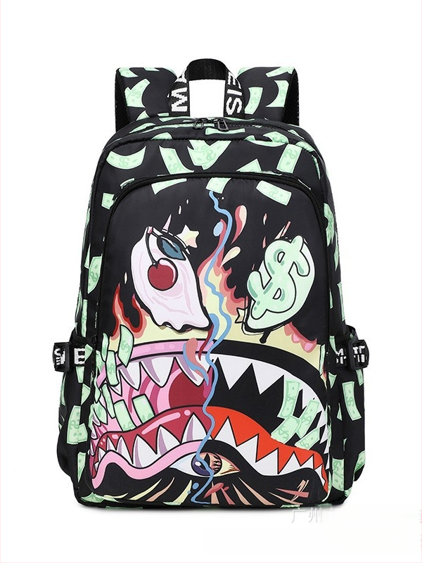 Unisex školska ranac s printsom ajkule — lagan, vodootporan, najlon, kapacitet ispod 20L, dvostruke naramenice, zatvaranje na rajsferšajl, unutarnji pretinci za telefon/ID/knjige