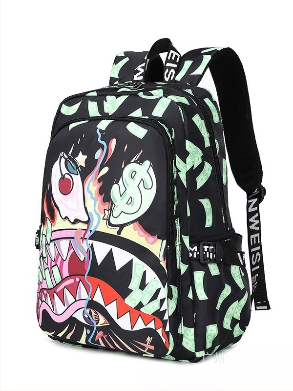 Unisex školska ranac s printsom ajkule — lagan, vodootporan, najlon, kapacitet ispod 20L, dvostruke naramenice, zatvaranje na rajsferšajl, unutarnji pretinci za telefon/ID/knjige