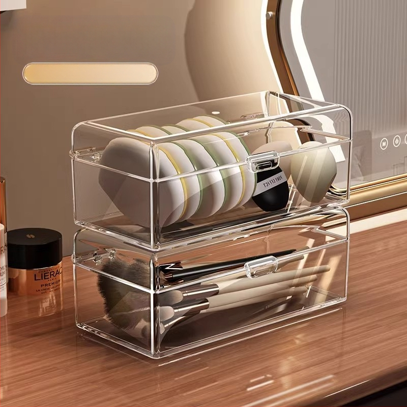 Chuchuan διαφανής προστατευτικός επιτραπέζιος οργανωτής καλλυντικών με διαμερίσματα για σφουγγάρι πούδρας, cushion, beauty egg και πινέλα μακιγιάζ
