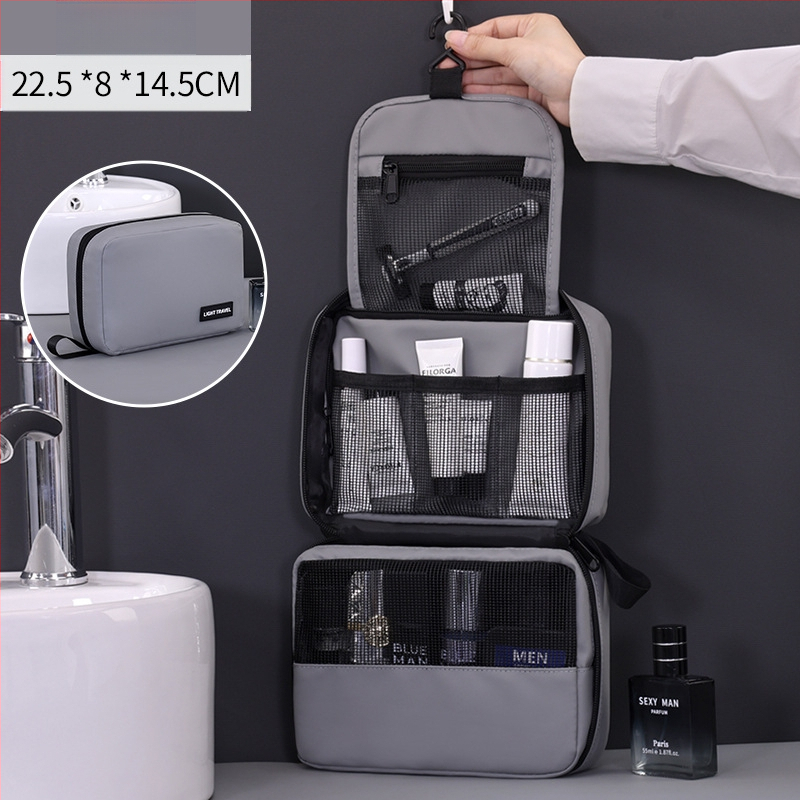Kelioninė kosmetinė su kabinimo ir sulankstomu dizainu, vandeniui atsparus membraninis audinys, atskiros erdvės kosmetikai ir higienai