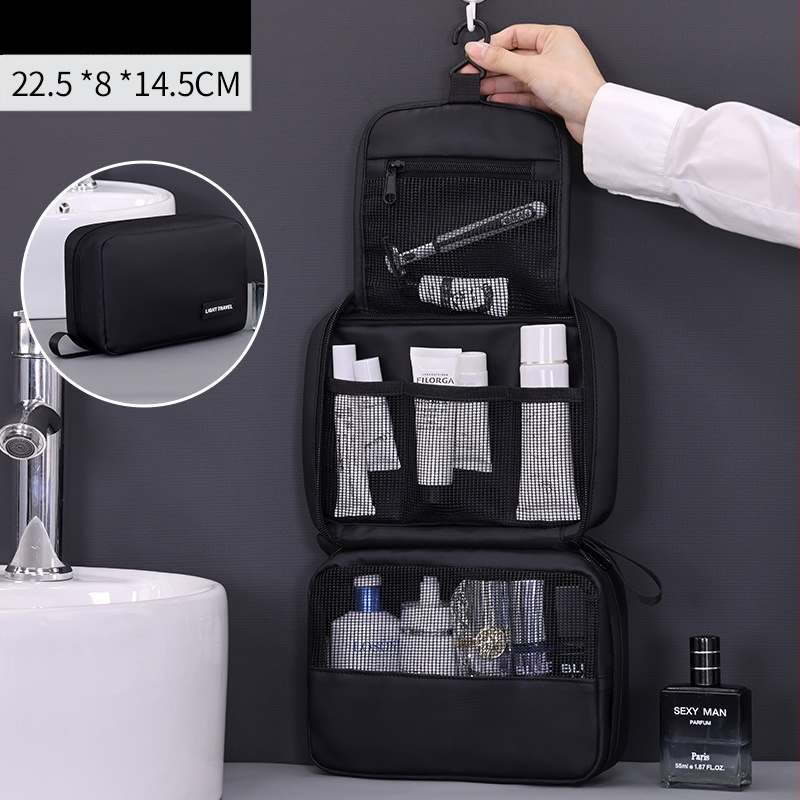 Kelioninė kosmetinė su kabinimo ir sulankstomu dizainu, vandeniui atsparus membraninis audinys, atskiros erdvės kosmetikai ir higienai