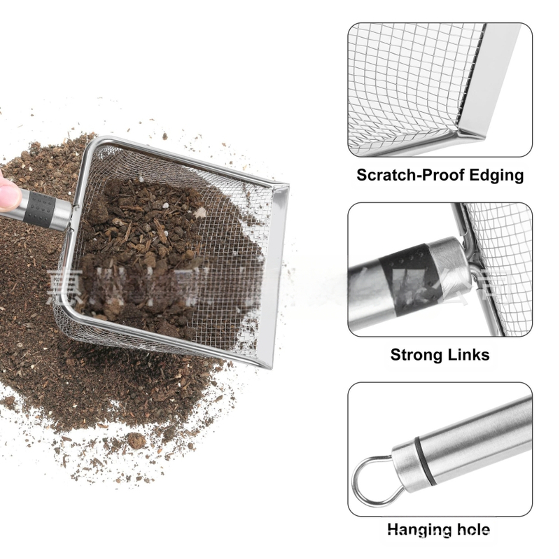 Nerūdijančio plieno sodo sietelis-lapta, skirta žemės, smėlio ir komposto sijojimui