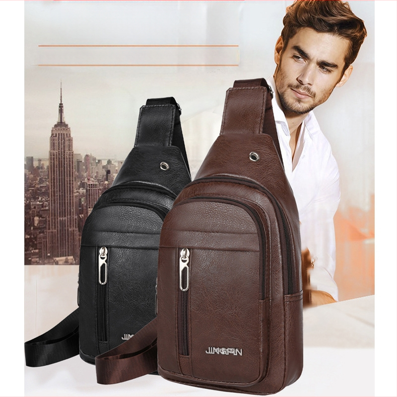 Vyrų chest bag – PU oda, užtrauktukas, atsparus vandeniui, poliesterio vidinė danga, vertikalios kvadrato formos (RX-1144)