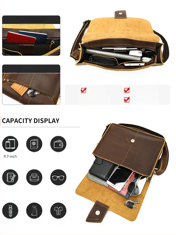 Vyrų odinė pečių rankinė, pirmojo sluoksnio karvės oda, poliesterio pamušalas, 2025 m. vasaros išleidimas, verslo kelionėms tinkama