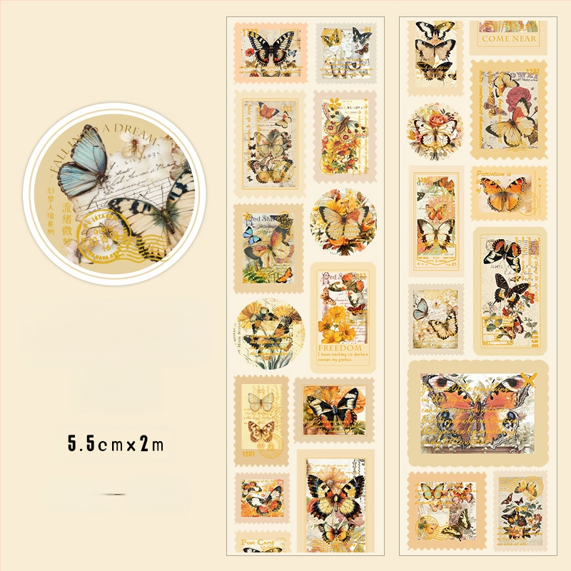 Washi lente ar karsto folijas iespiešanu, retro ziedu ilustrācija dienasgrāmatai un DIY kolāžai, pārklāts papīrs, noslēgšanas etiķete