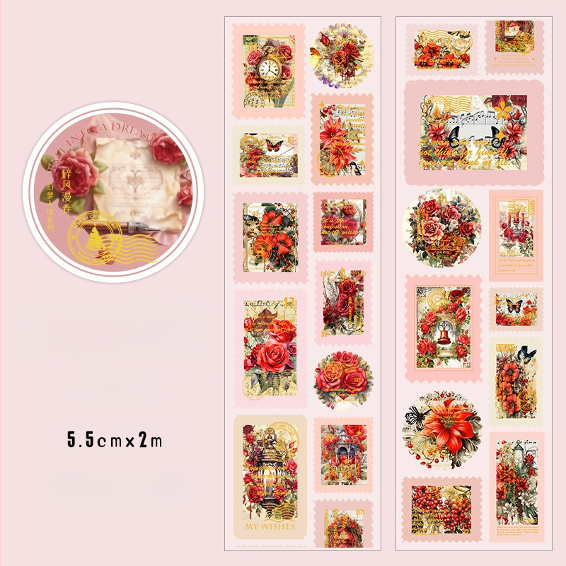 Washi lente ar karsto folijas iespiešanu, retro ziedu ilustrācija dienasgrāmatai un DIY kolāžai, pārklāts papīrs, noslēgšanas etiķete