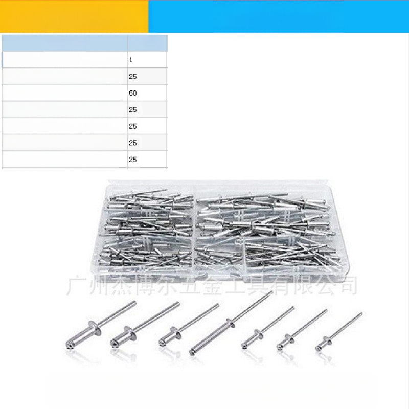 Алуминиев комплект заклепки, 380 бр., през дупки, полукръгла глава (К-образна) и заклепвач