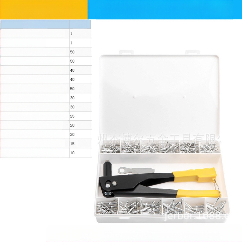 Алуминиев комплект заклепки, 380 бр., през дупки, полукръгла глава (К-образна) и заклепвач