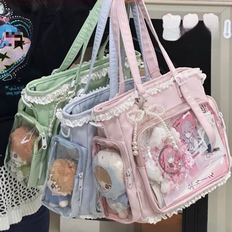 Японски стил прозрачна Tote чанта за аниме конвенции и ежедневна употреба, кибер-функционален стил, полиестер, подплата от найлон, цип за затваряне, подходяща за свободно пътуване