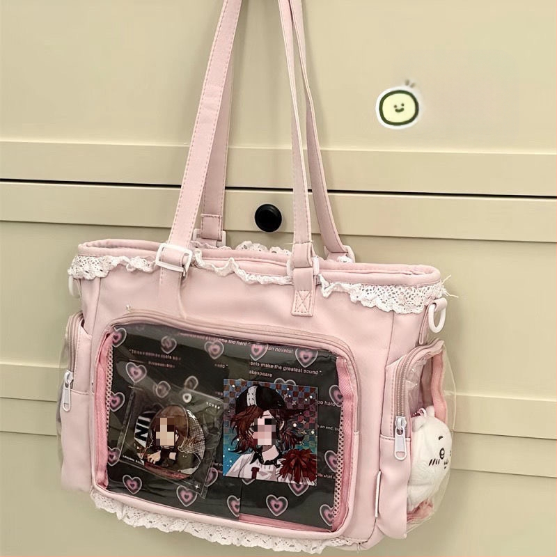 Японски стил прозрачна Tote чанта за аниме конвенции и ежедневна употреба, кибер-функционален стил, полиестер, подплата от найлон, цип за затваряне, подходяща за свободно пътуване