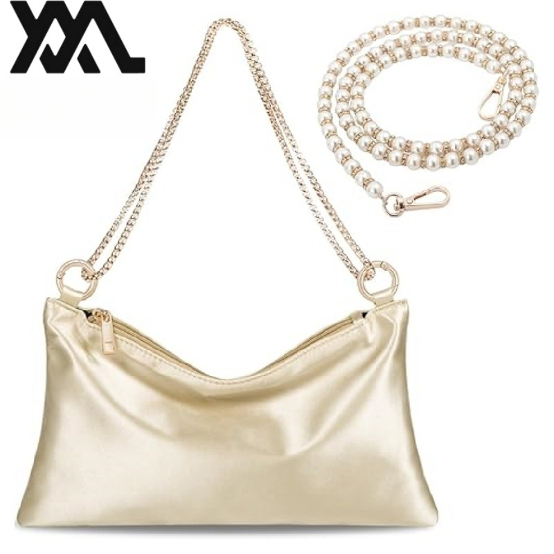 Βραδινή τσάντα με αλυσίδα από μαργαριάρια — ορθογώνιο σχήμα, PU υλικό, φερμουάρ, εσωτερική θήκη για κινητό