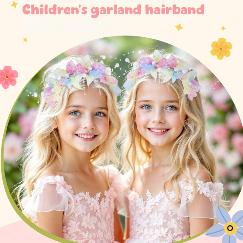 Dječji dodatak za kosu: cvjetni vijenci na traci, ručno izrađeno od tkanine.
