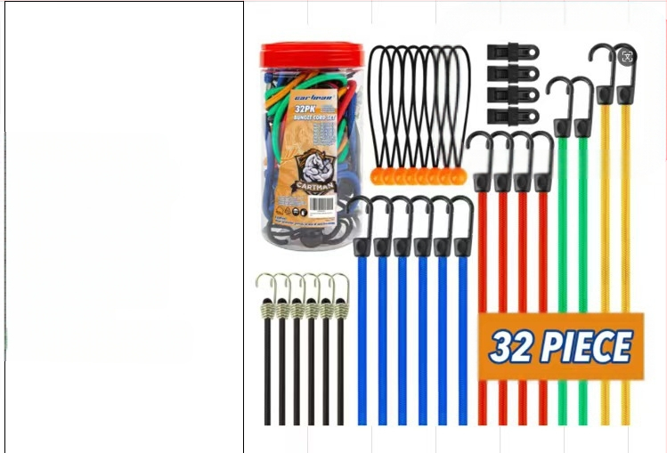 Wanying Комплект еластични въжета за багаж и екипировка – носимост 50 кг; полипропиленово влакно с гумено филаментно влакно; включва 1,35 м планинско въже с катарама, 30 комплекта багажни въжета, 10×25 см мини латексни въжета 4 мм, 32 барабанни въжета