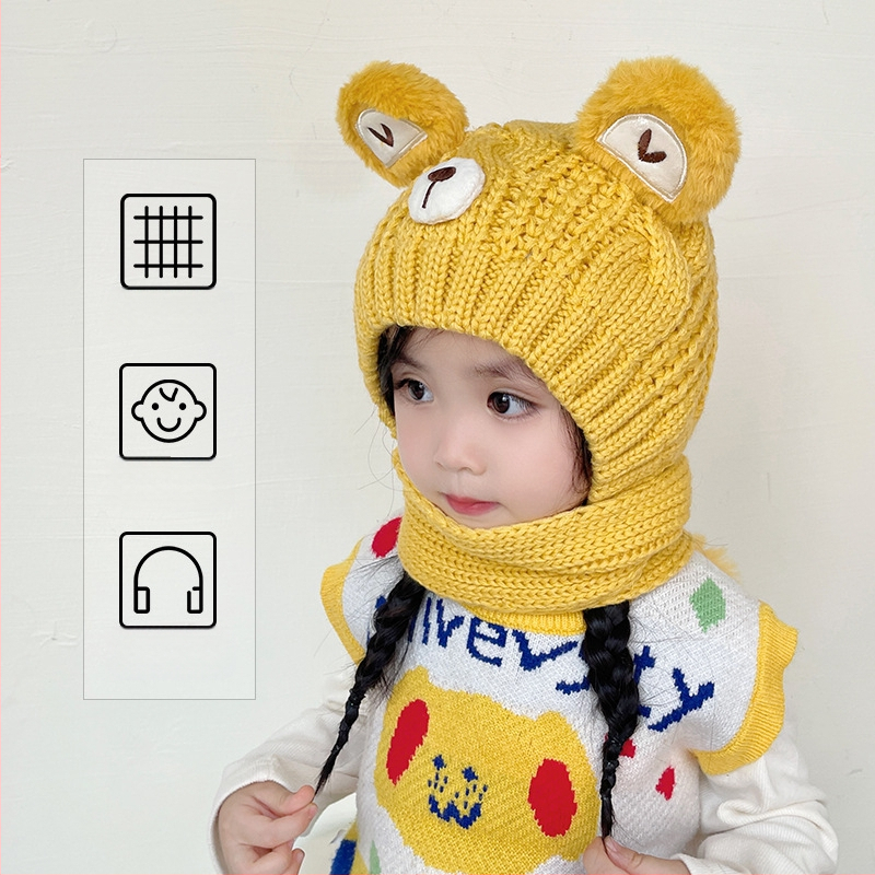 Vaikų žieminė kepurė su ausų apsauga ir integruotu šaliku, medvilninė megzta kepurė su kupolu, 2–10 metų, 71–80% medvilnė, mielas gaivus stilius