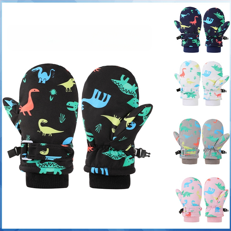 Skijaške rukavice s crtežom dinosaura, poliestarsko vlakno s premazom, tisak, toplo