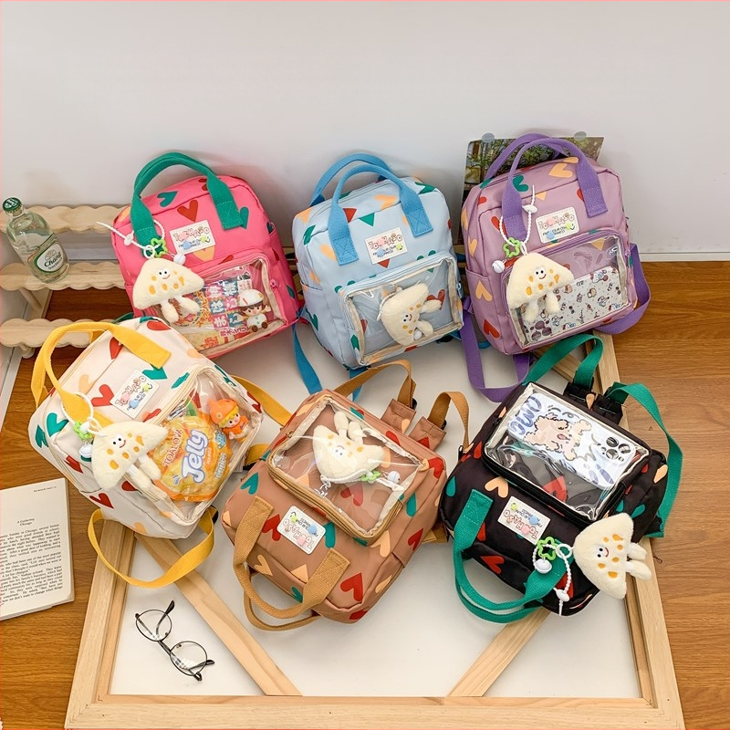 Rucsac unisex pentru grădiniță cu fereastră transparentă, model inimă, țesătură PVC compozit respirabil, căptușeală poliester