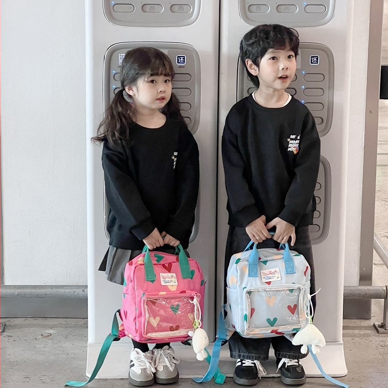 Rucsac unisex pentru grădiniță cu fereastră transparentă, model inimă, țesătură PVC compozit respirabil, căptușeală poliester