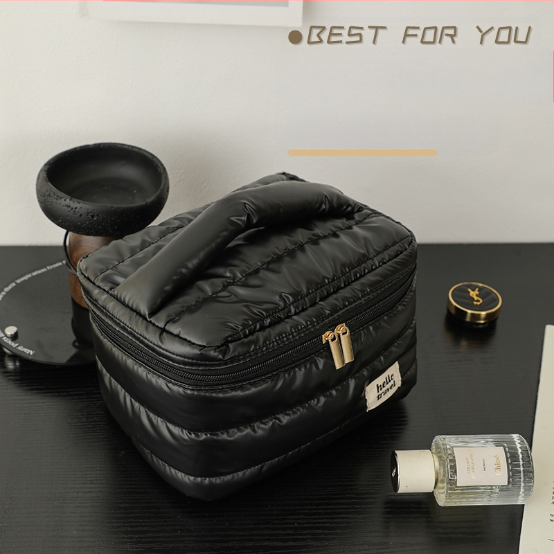 Happy Travel Τσαντάκι μακιγιάζ με περλέ λογότυπο και προσαρμοσμένο σχέδιο, πολυεστερικός οργανωτής μακιγιάζ για ταξίδια με μεγάλο χώρο αποθήκευσης