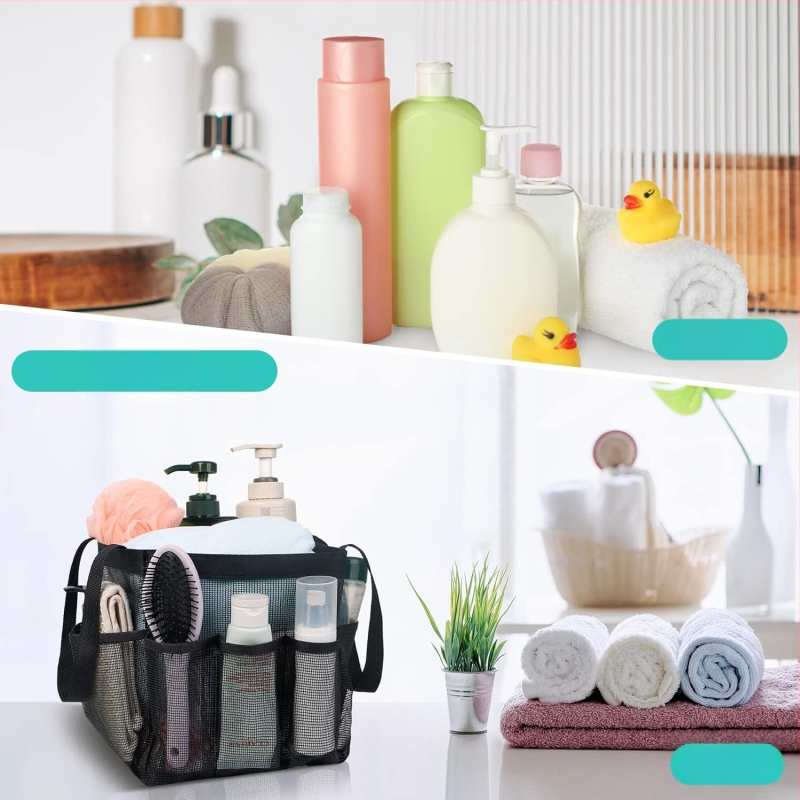 Чанта за тоалетни принадлежности с една или две дръжки, завършване с връзка, дишаща мрежеста конструкция и множество джобове за пътуване