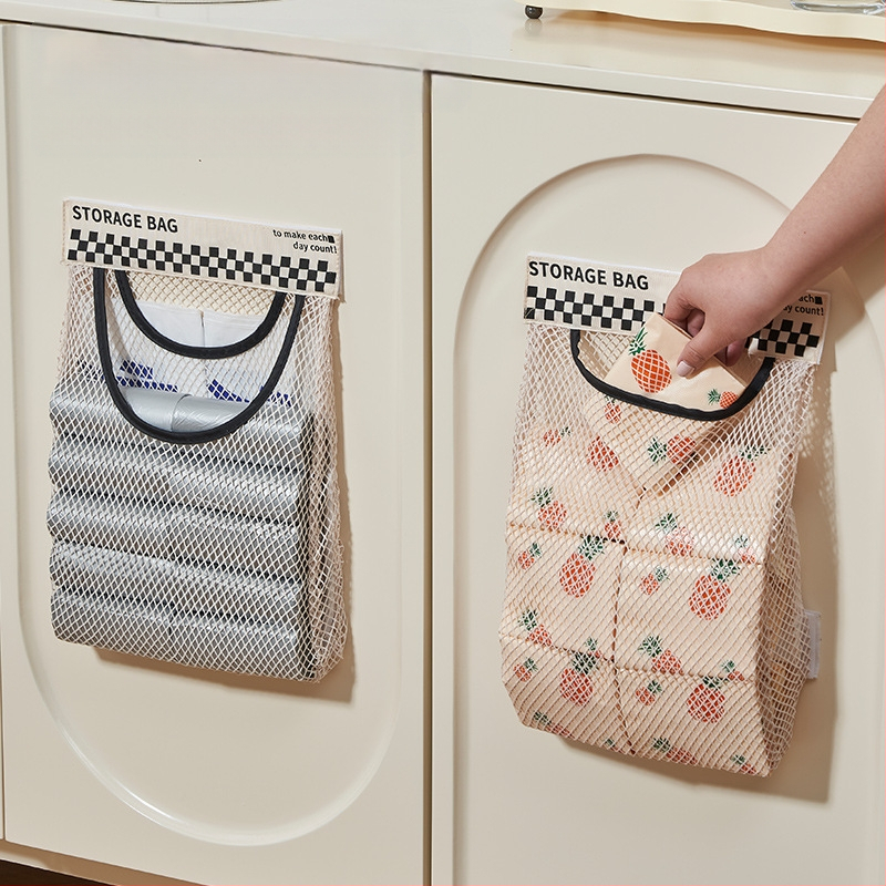 Sieninis virtuvės šiukšlių maišų laikymo organizatorius su groteliniu tinkleliu, spintelės durų laikymas, japoniškas stilius, logotipo spausdinimo galimybė