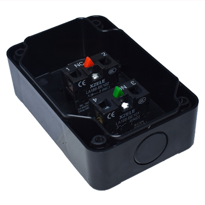 Pradžios/Pertraukos mygtuko dėžė – atspari vandeniui serija, veržlėmis laidų jungtis, -40–70°C, 0–500V, plastinis priekinis žiedas, 3 000 000 ciklų tarnavimo laikas