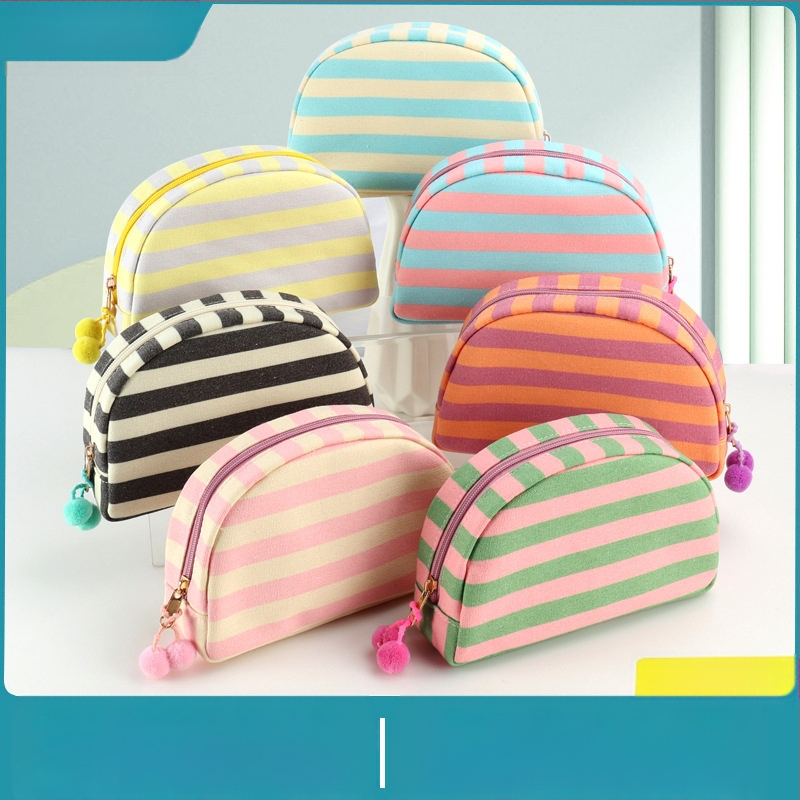 Drobės makiažo krepšys su dryžiais, nešiojamas, universalus stilius, poliesterio pamušalas, kasdieniniam naudojimui