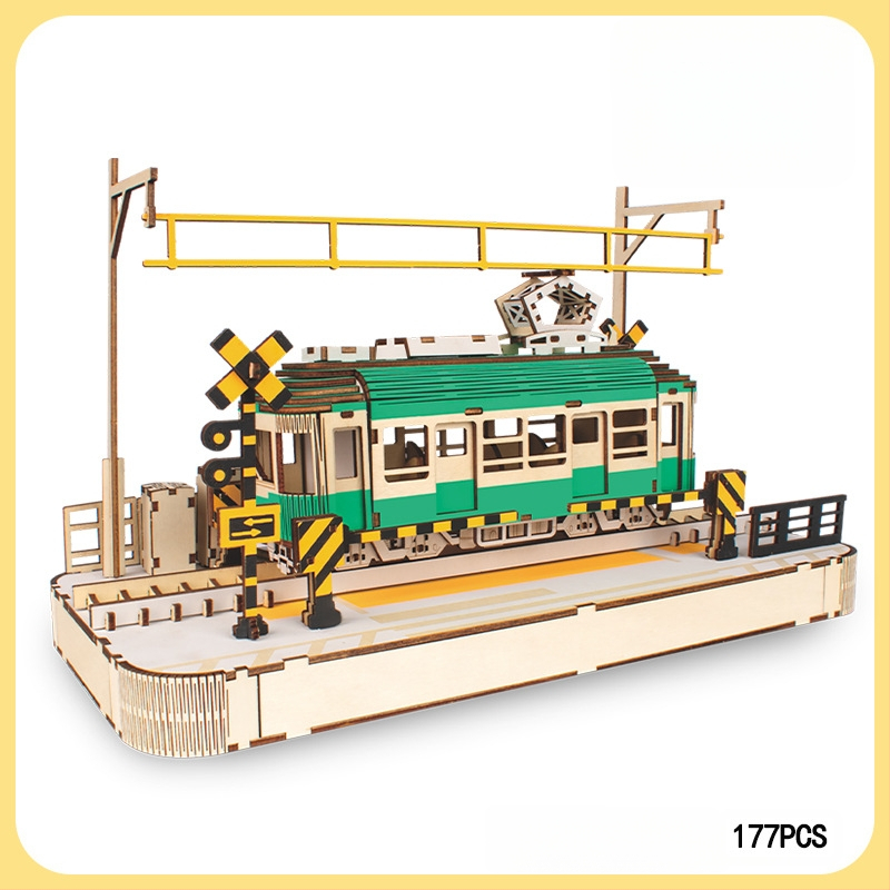 Medinis 3D dėlionė tramvajus vaikams — DIY draugiškas, pritaikomas pagal brėžinius, tinkamas 7–14 metų