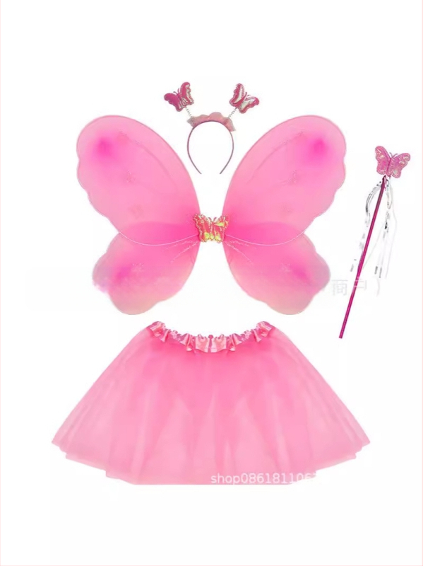 Детски сценичен танцов костюм: четири части с крила на пеперуда, аксесоар за глава и магическа пръчка; материя найлон; за деца 3–8 г.; подходящ за модерни и латин танци