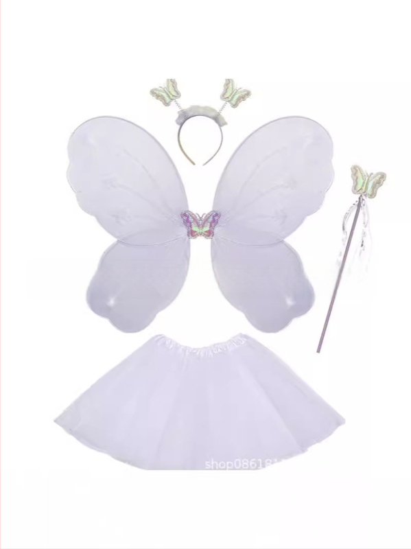 Детски сценичен танцов костюм: четири части с крила на пеперуда, аксесоар за глава и магическа пръчка; материя найлон; за деца 3–8 г.; подходящ за модерни и латин танци