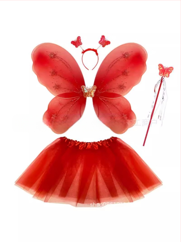 Детски сценичен танцов костюм: четири части с крила на пеперуда, аксесоар за глава и магическа пръчка; материя найлон; за деца 3–8 г.; подходящ за модерни и латин танци